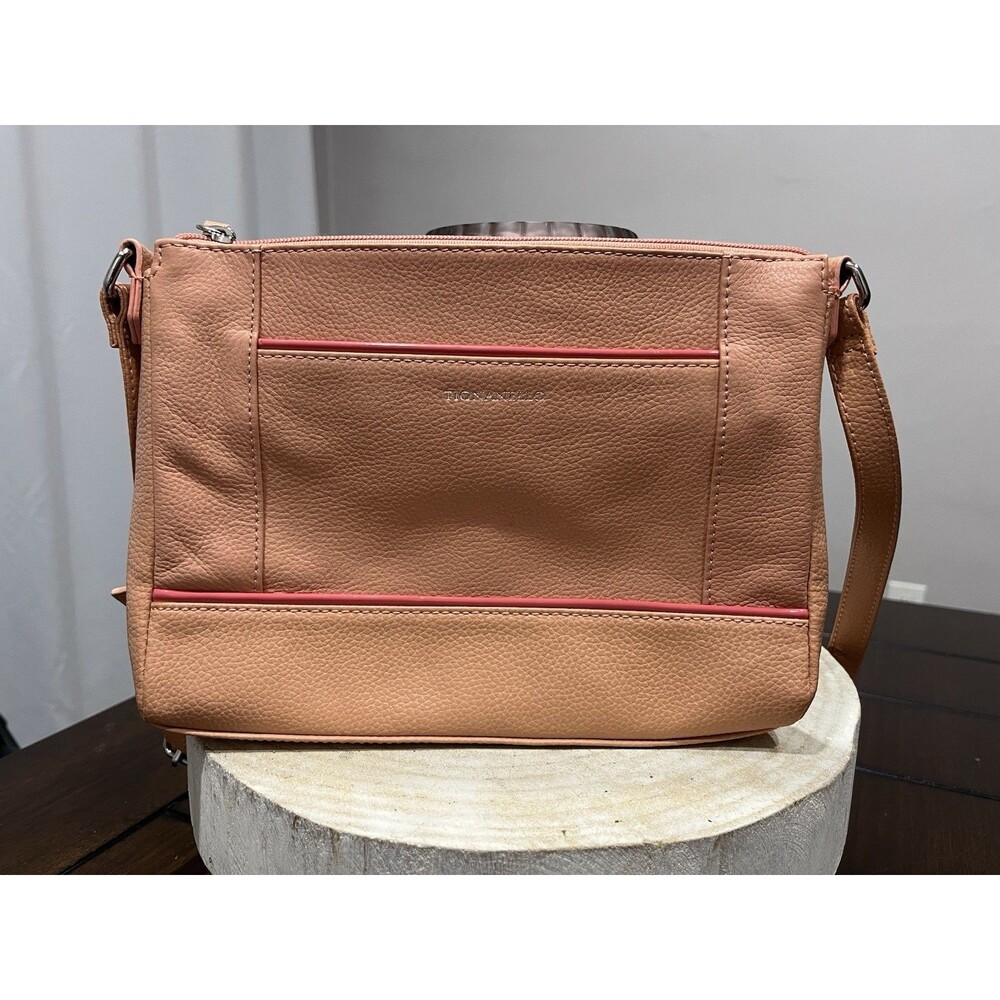 Tignanello Leather Crossbody Purse Salmon Pink Orange Red Trim Adjustable Strap